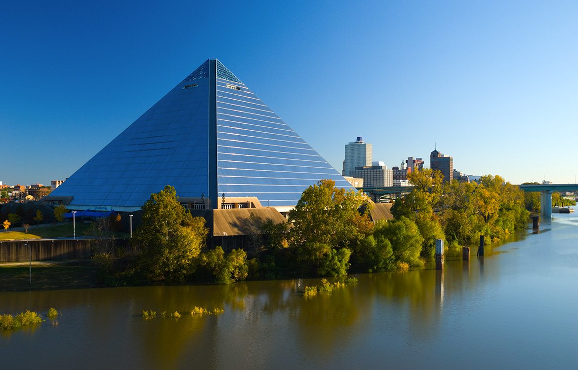 Memphis, Tennessee, riverside trees and glass pyramid